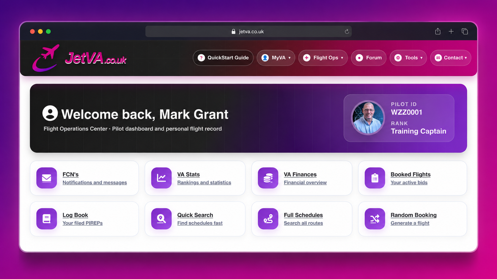 Wizz Air virtual airline purple JetVA pilot dashboard layout